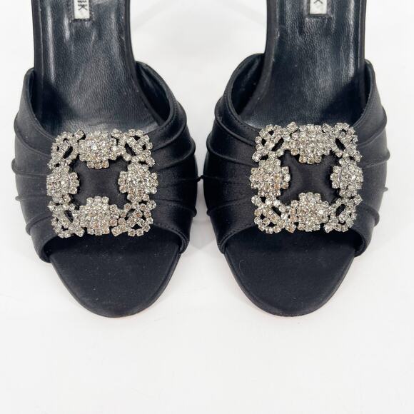 Manolo Blahnik Cassiado Black Satin Crystal Brooch D'Orsay Peep Toe Heels IT 36 - Picture 6 of 10